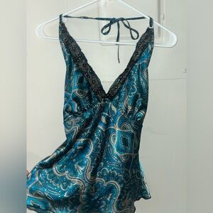 Teal Paisley Top Y2K with Beaded Lace Trim